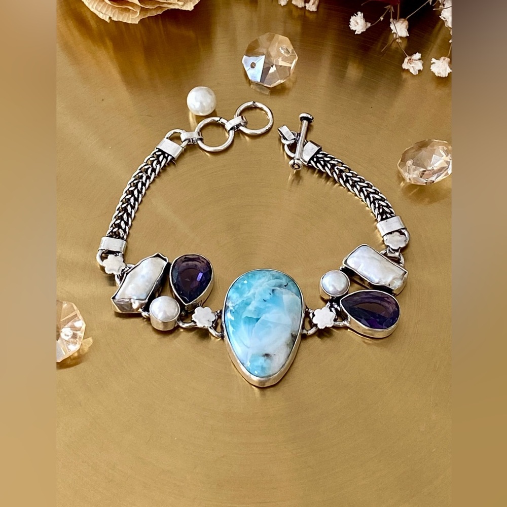 Natural Larimar, Amethyst And Biwa Pearl Hand crafted Bracelet